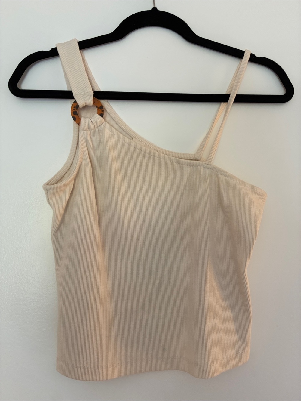Lovefool Cream Ribbed Asymmetric Ring-Detail Tank Top